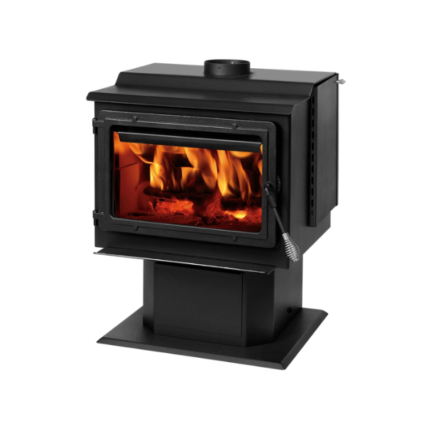 Englander 15-W06 Wood Stove with Blower stands against a crisp white background, emphasizing its sleek black design and glass door. It complements the clean lines of a charming house design, adding both warmth and modern style."