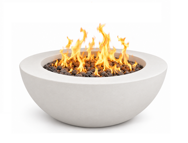 Pottery Works 48" Colton round concrete fire table PWCFT-2 in Frost White finish with lava rock fill