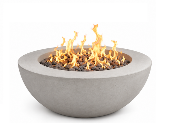 Pottery Works 48" Colton round concrete fire table PWCFT-1 in Natural finish with lava rock fill