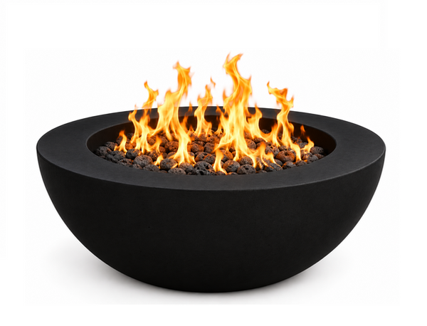 Pottery Works 48" Colton round concrete fire table PWCFT-3 in Stealth Black finish with lava rock fill