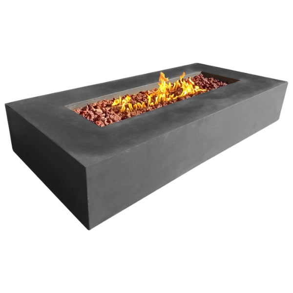 Stonelum Manhattan 03 Rectangular Concrete Fire Pit natural concrete with fire on a white background