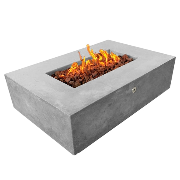 Stonelum Manhattan 04 Rectangular Concrete Fire Pit In Natural with Fire on white background