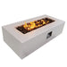Stonelum Manhattan 04 Rectangular Concrete Fire Pit In White with Fire on white background