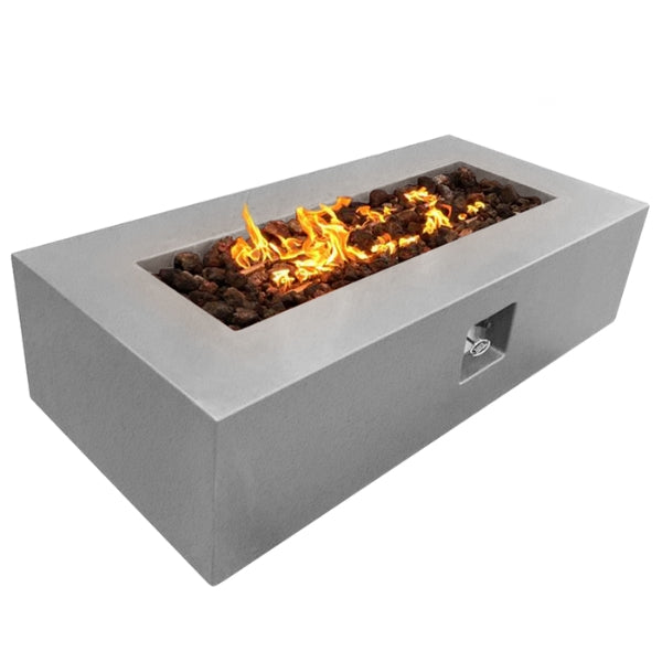 Stonelum Manhattan 05 Rectangular Concrete Fire Pit light grey with fire and white background