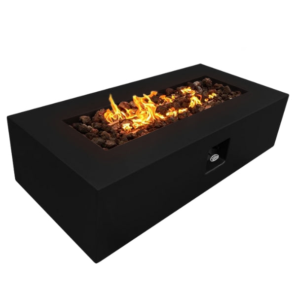 Stonelum Manhattan 05 Rectangular Concrete Fire Pit black with fire and white background