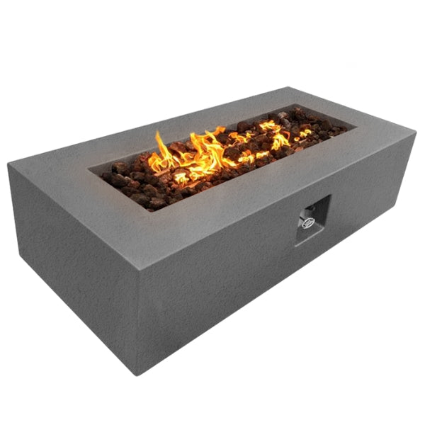 Stonelum Manhattan 05 Rectangular Concrete Fire Pit grey with fire and white background