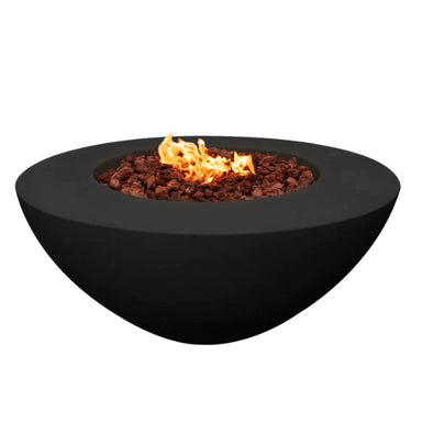 Stonelum Venecia 03 Concrete Fire Bowl  Black with fire on a white background