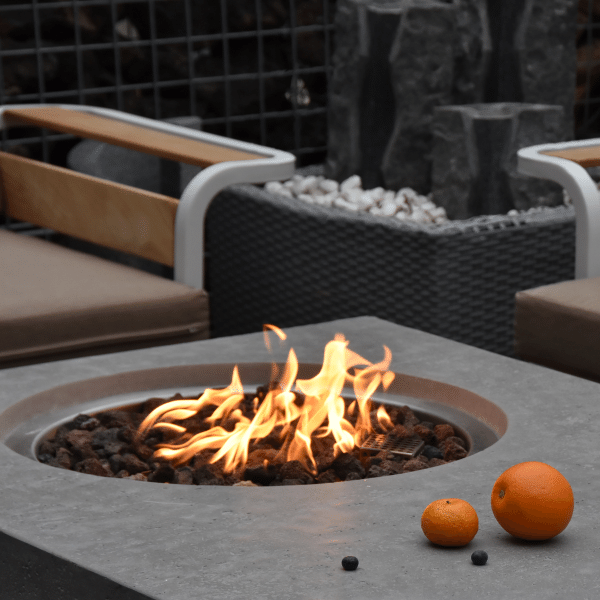 Elementi Metropolis Rectangle Concrete Fire Pit Table OFG104 Close Up of Burner Area With Flame