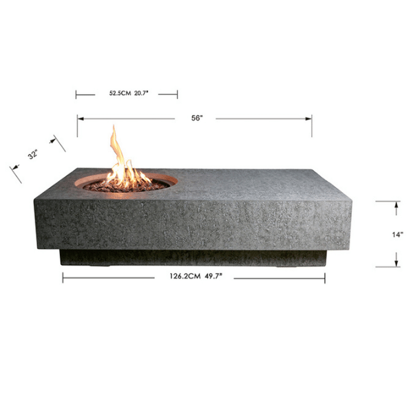 Elementi Metropolis Rectangle Concrete Fire Pit Table OFG104 Size Dimension, Length, Height, Width