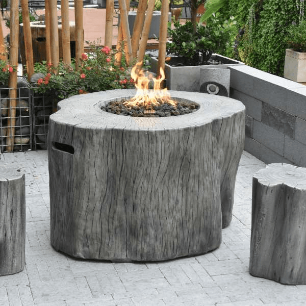 Elementi Warren Table - Propane - OFG307 Classic Gray With Flame and and Matching Seats on Outdoor Set Up
