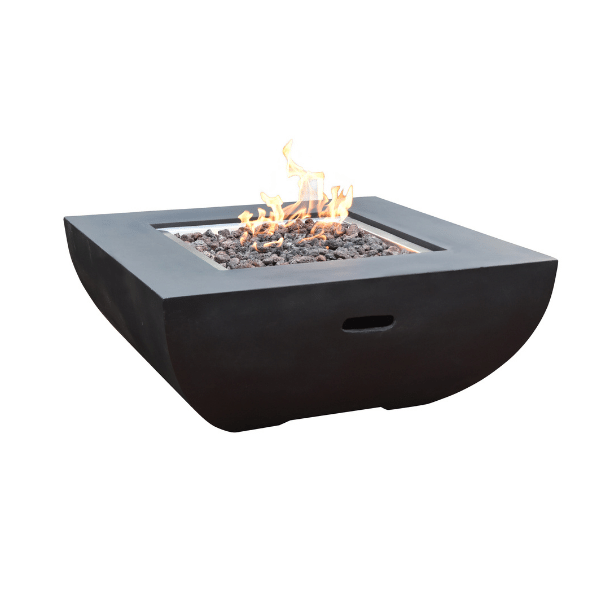 Modeno Aurora Black Square Concrete Fire Pit Table OFG114 With Flame on A White Background