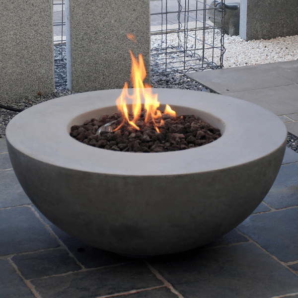 Modeno Roca Round Concrete Fire Table OFG107 With Flame Top And Side View