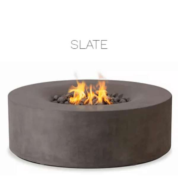 PyroMania Fire Avalon Round Concrete Commercial Fire Pit Table Slate With Flame In White background