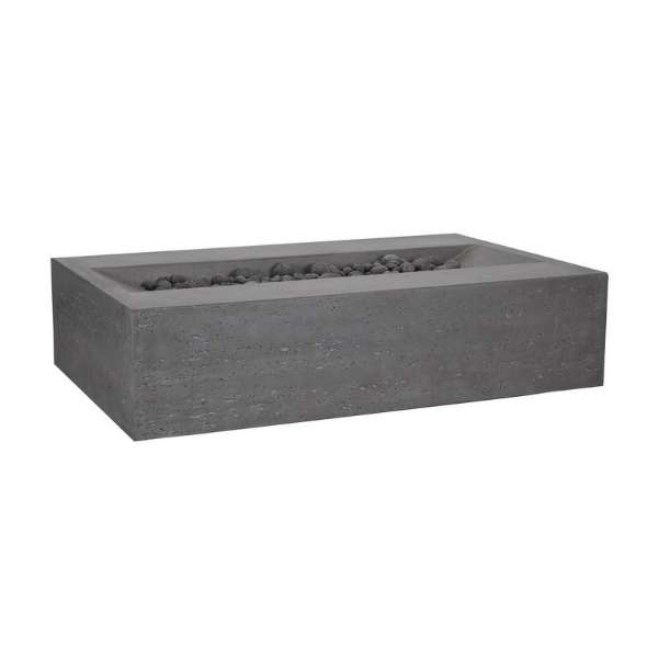 PyroMania Fire Millenia Rectangle Concrete Fire Pit Table Slate Front Side View Without Flame, With lava Rocks On White Background