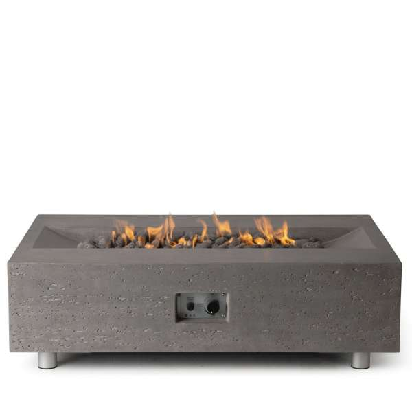 PyroMania Fire Millenia Rectangle Concrete Fire Pit Table Slate Side View With Flame and Adjustable Legs On White Background 