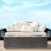 PyroMania Fire Millenia Rectangle Concrete Fire Pit Table Slate Side View With Flame On Beach Resort Set Up