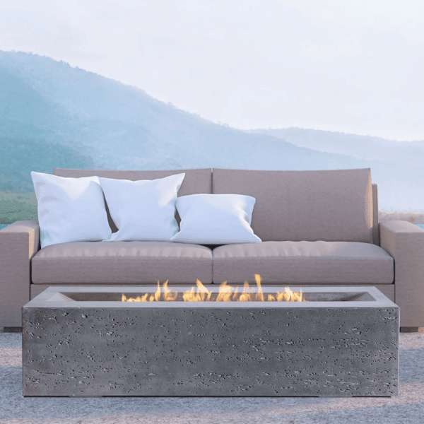 PyroMania Fire Millenia Rectangle Concrete Fire Pit Table Slate Side View With Flame On Outdoor Space Set Up