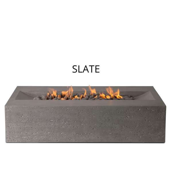 PyroMania Fire Millenia Rectangle Concrete Fire Pit Table Slate Side View With Flame On White Background