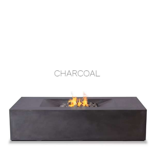 PyroMania Fire Moderne Rectangle Concrete Commercial Fire Pit Table Charcoal Color with Flame on White Background