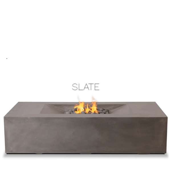 PyroMania Fire Moderne Rectangle Concrete Commercial Fire Pit Table Slate Color with Flame on White Background