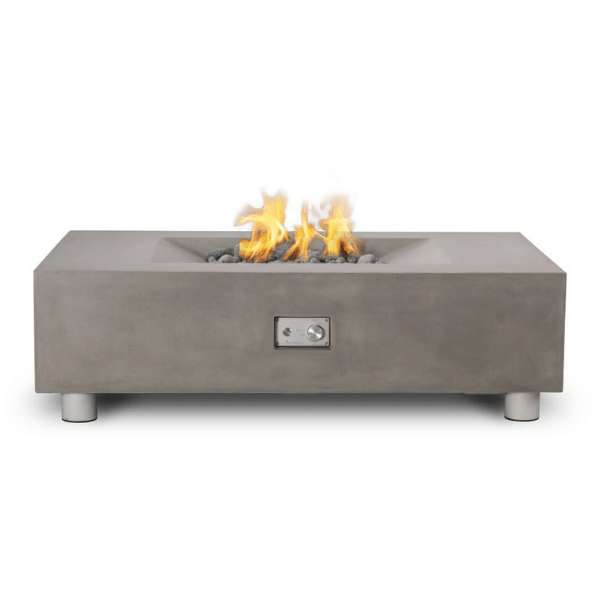 PyroMania Fire Moderne Rectangle Concrete Commercial Fire Pit Table Slate Color With Flame and Adjustable Legs on a white background