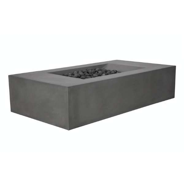 PyroMania Fire Moderne Rectangle Concrete Commercial Fire Pit Table Slate Color With Lava Rocks on White Background