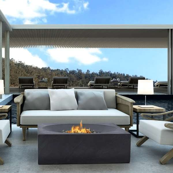 PyroMania Fire Paloma Square Concrete Fire Pit Charcoal With Flame on Resort Set Up