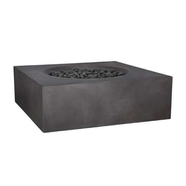 PyroMania Fire Tao Square Concrete Commercial Fire Pit Table Charcoal With Lava Rocks on White Background