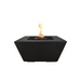 The Outdoor Plus Redan Firepit With Propane Tank Storage In Black With Flame On A White Background