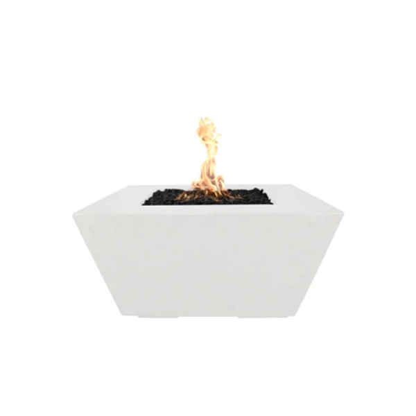The Outdoor Plus Redan Firepit With Propane Tank Storage In Limestone With Flame On A White Background