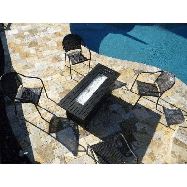 Az Patio Heaters Black Mocha 54 Inch Rectangle Fire Pit Table With Chairs Around The Pool Side