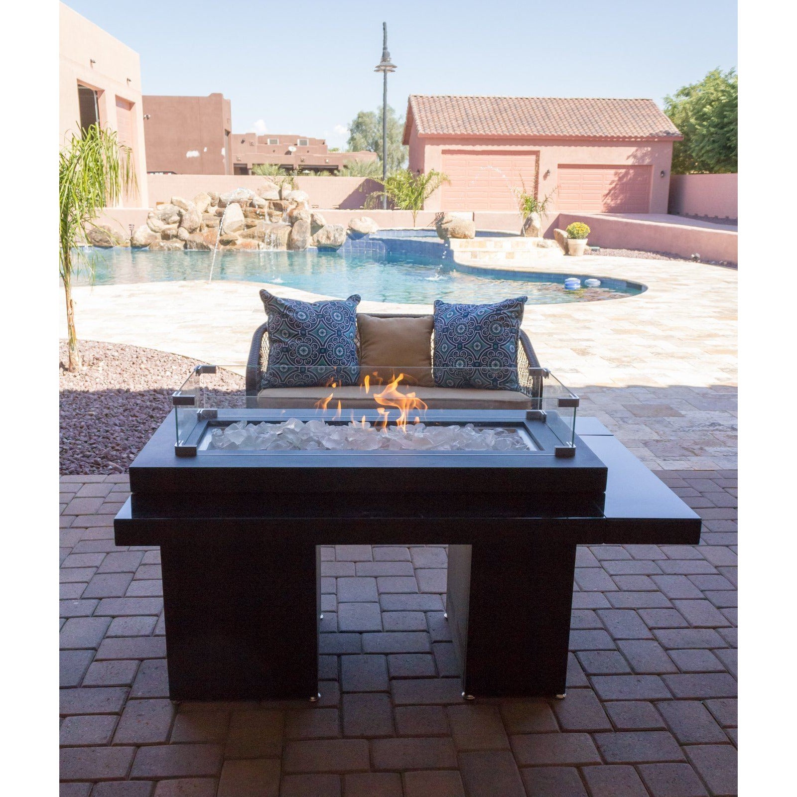 AZ Patio Heaters Two Tier Rectangular Glass Fire Pit Table - outdoor set up | with fire on