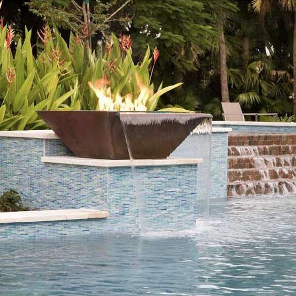     Bobe Water And Fire Artisan Series Square Seamless Lip Water Fire Bowl With Flame And Water Flowing On A Pool Post