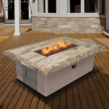 Cal Flame Stucco And Tile Dining Height Rectangle Propane Gas Fire Pit In An Outdoor Sample Set Up