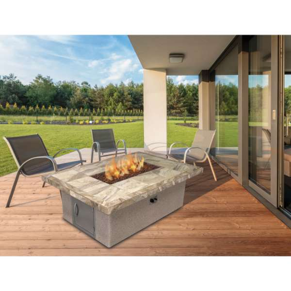 Cal Flame Stucco And Tile Dining Height Rectangle Propane Gas Fire Pit In An Outdoor Sample Set Up