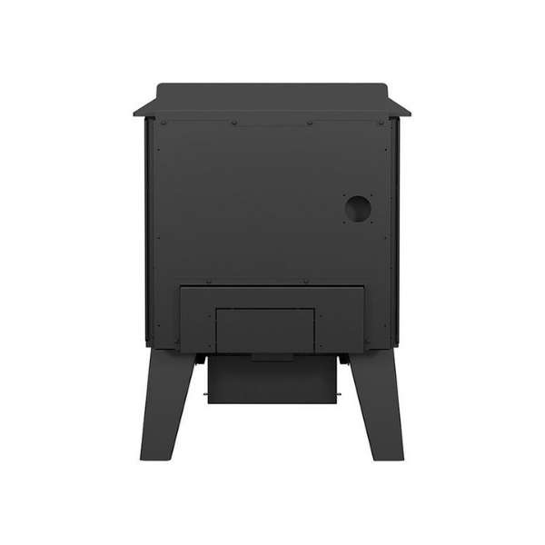 Drolet Austral III Wood Stove Back View With Flame On A White Background