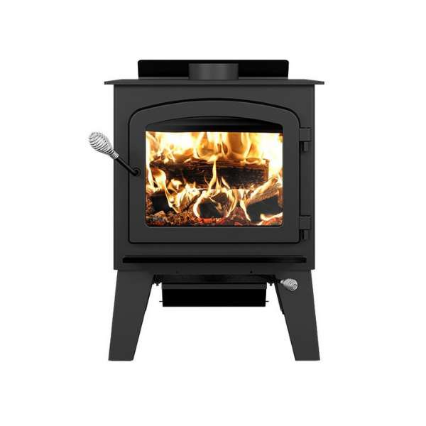 Drolet Austral III Wood Stove Front View With Flame On A White Background