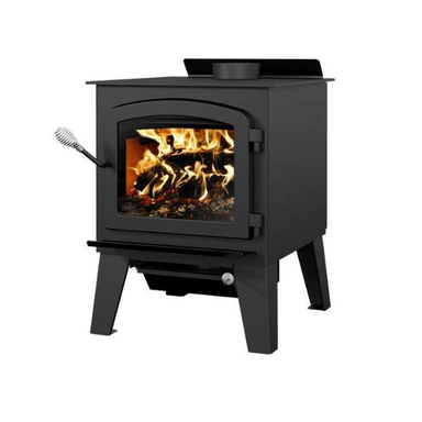 Drolet Austral III Wood Stove Left Side View With Flame On A White Background