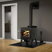Drolet Austral III Wood Stove Right View With Flame On A Gray Background With Logs On The Right Side