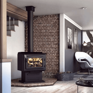 Drolet Escape 1800 Wood Stove Black Door On Pedestal Db03102 In Lifestyle Photo