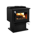 Drolet Escape 1800 Wood Stove Black Door On Pedestal Db03102 In White Background Side View