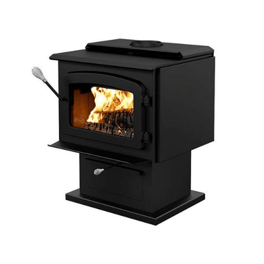 Drolet Escape 1800 Wood Stove Black Door On Pedestal Db03102 In White Background Side View