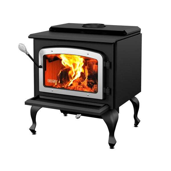 Drolet Escape 1800 Wood Stove On Legs   Brushed Nickel Door Db03112 In White Background Side View