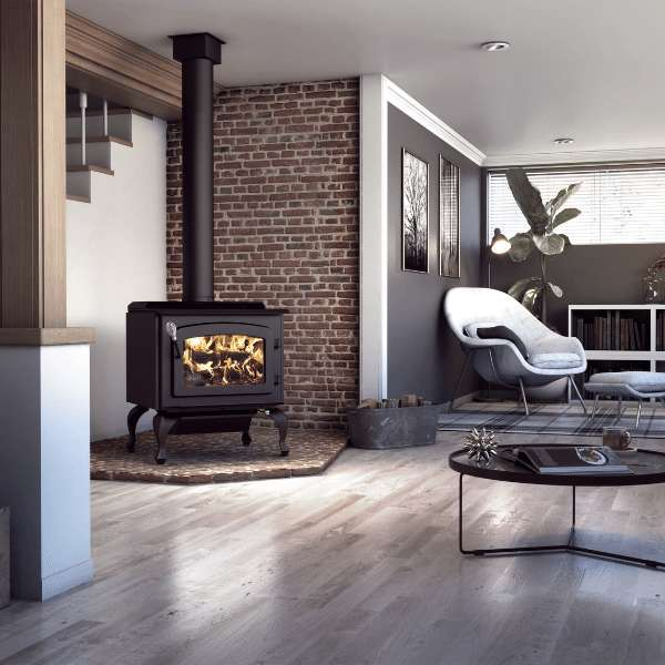 Drolet Escape 1800 Wood Stove On Legs Black Door Db03105 In Lifestyle Photo