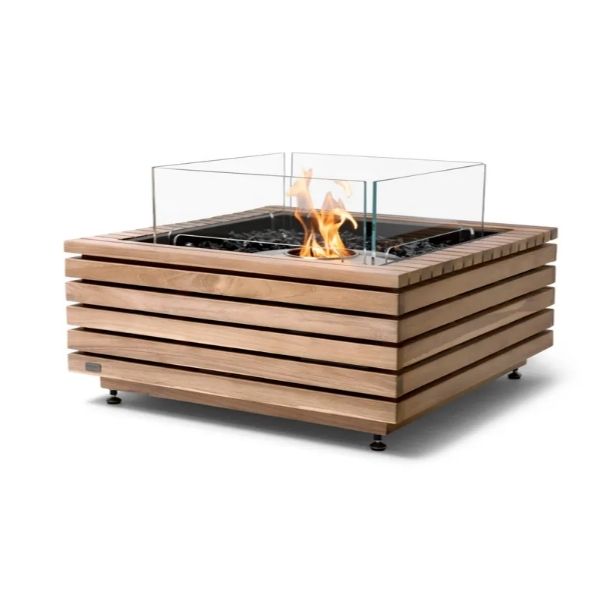 Ecosmart Fire Base 30 Fire Pit In Teak With Flame On White Background