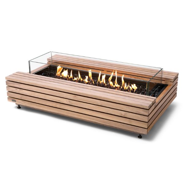 Ecosmart Fire Cosmo 50 Fire Table In Teak With Flame And Windscreen On A White Background