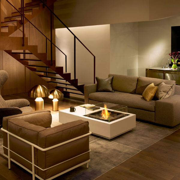       Ecosmart Fire Manhattan 50 In Bone Color With Flame In Living Room Sample Set Up