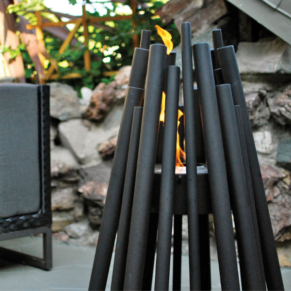 Ecosmart Fire Stix In Black Color With Flame On An Oudoor Sample Set Up