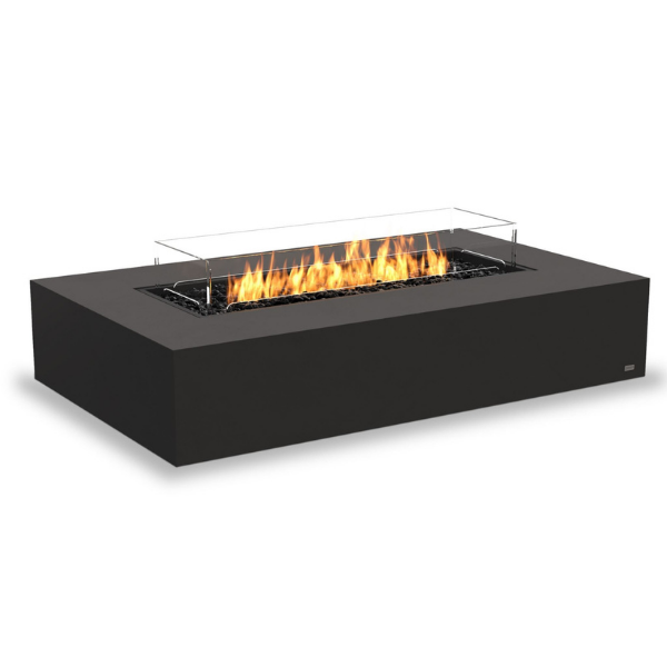 Ecosmart Fire Wharf 65 Freestanding Fire Table In Graphite With Windscreen And Flame On A White Background