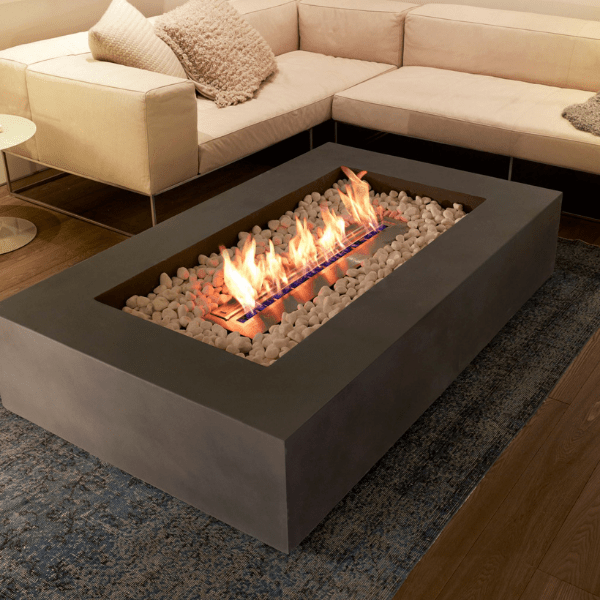 Gas fire pit table on outdoor patio